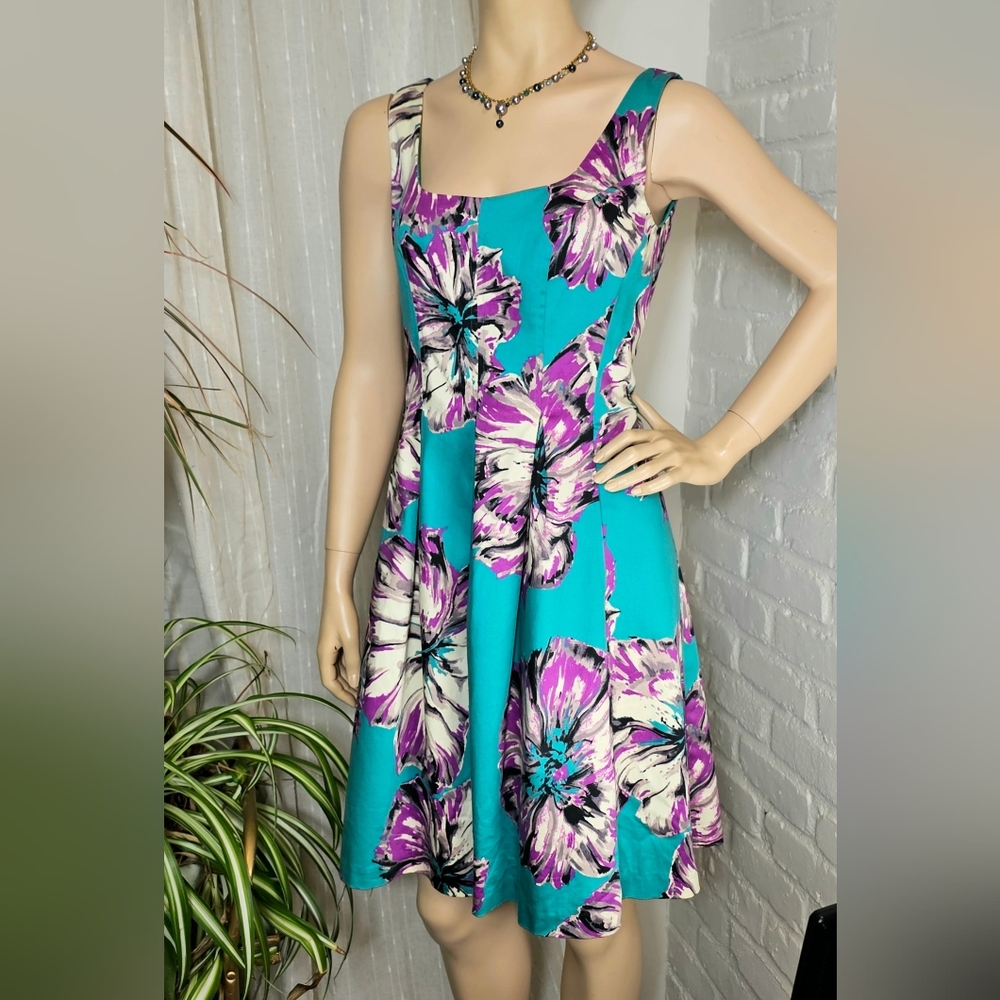 NWT Nine West Teal Floral Fit & Flare Dress Size 6 Square Neck Pockets
